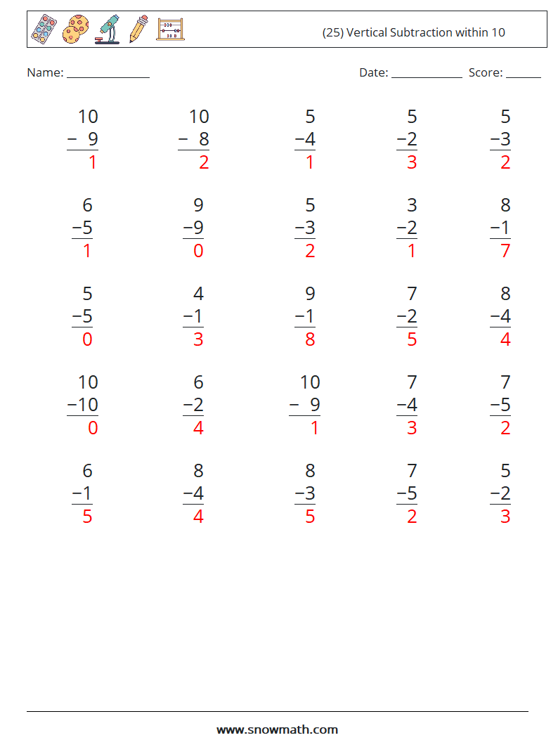 (25) Vertical Subtraction within 10 Math Worksheets 6 Question, Answer