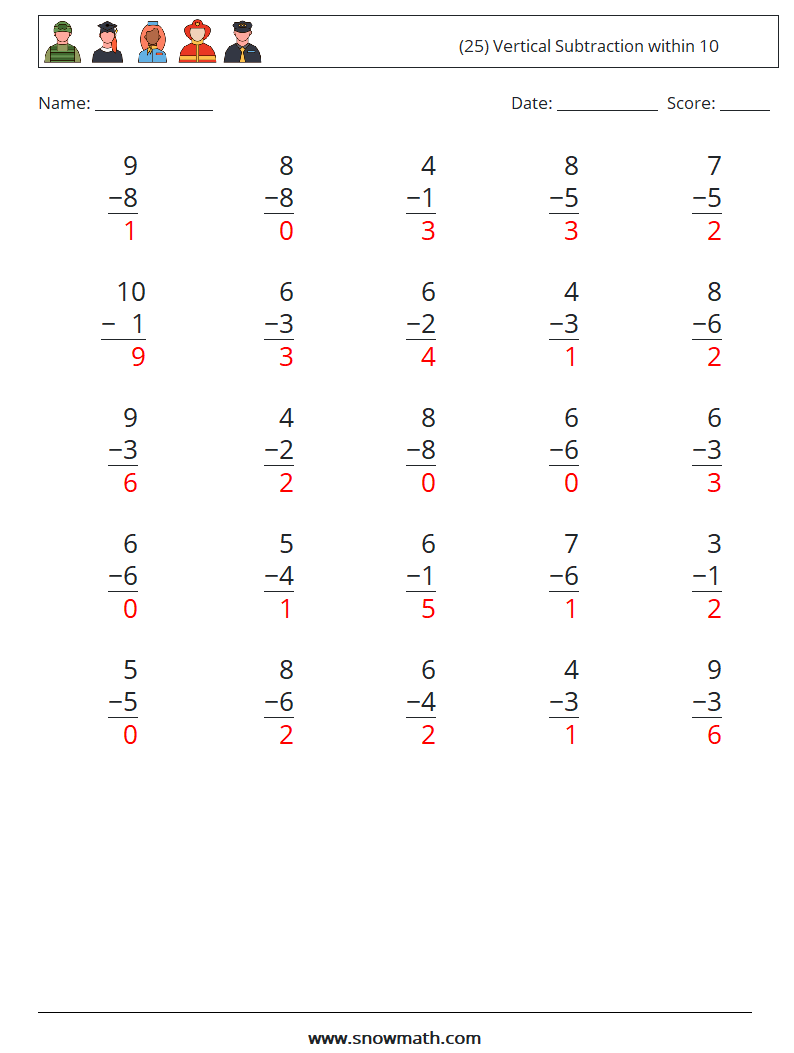 (25) Vertical Subtraction within 10 Math Worksheets 8 Question, Answer