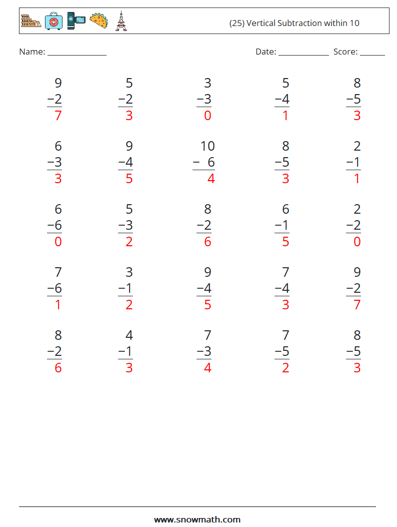 (25) Vertical Subtraction within 10 Math Worksheets 9 Question, Answer