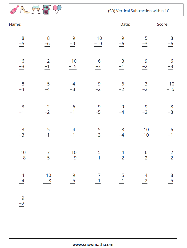 (50) Vertical Subtraction within 10 Math Worksheets 1