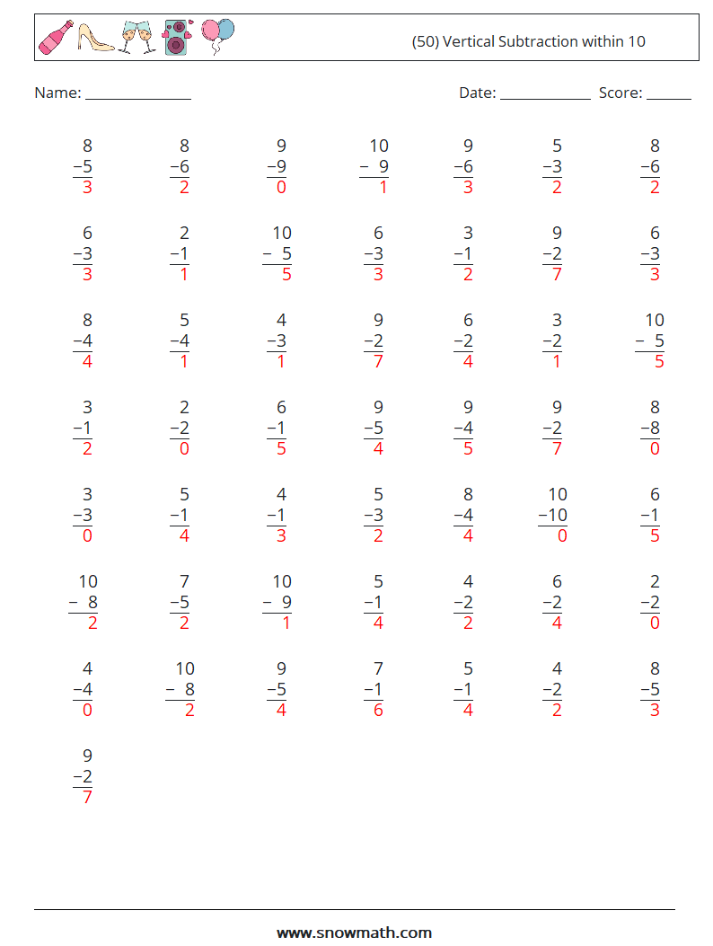 (50) Vertical Subtraction within 10 Math Worksheets 1 Question, Answer