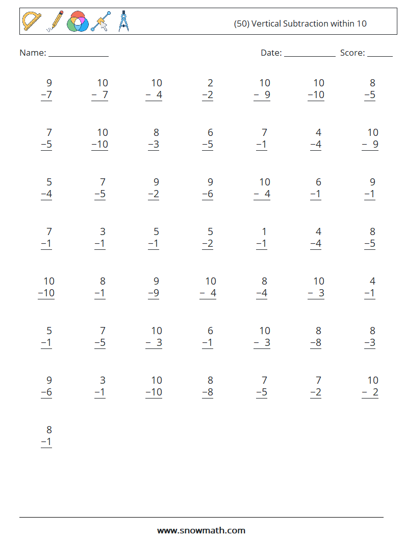 (50) Vertical Subtraction within 10 Math Worksheets 2