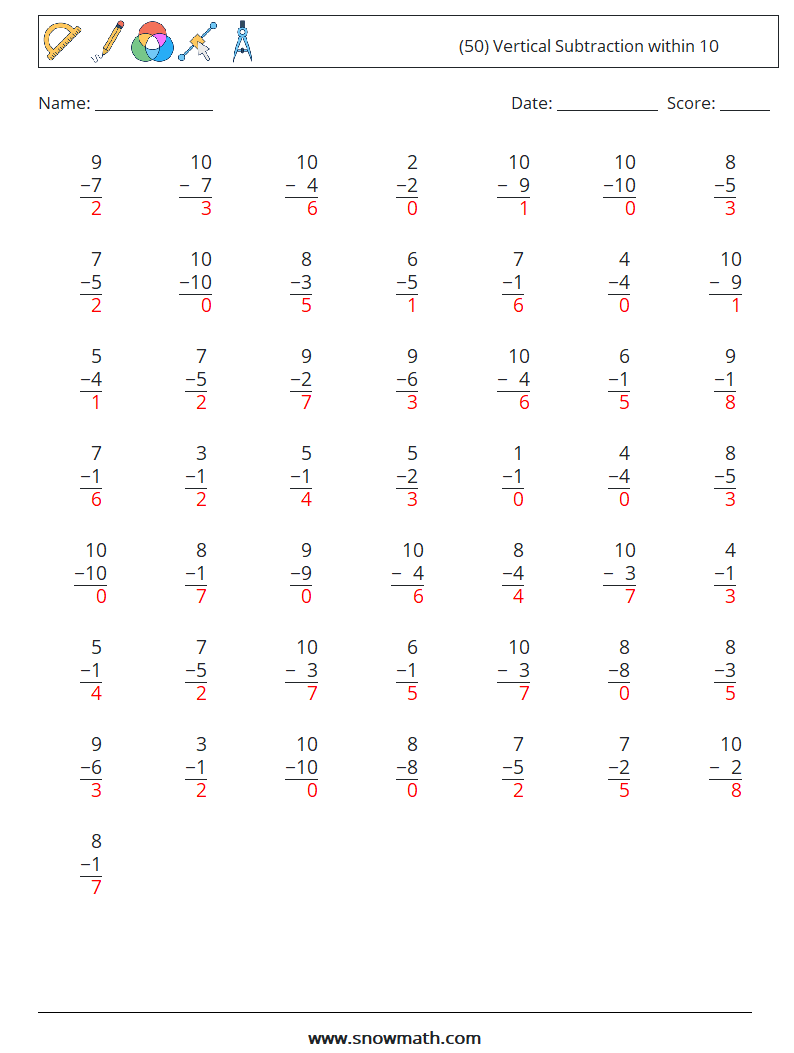 (50) Vertical Subtraction within 10 Math Worksheets 2 Question, Answer