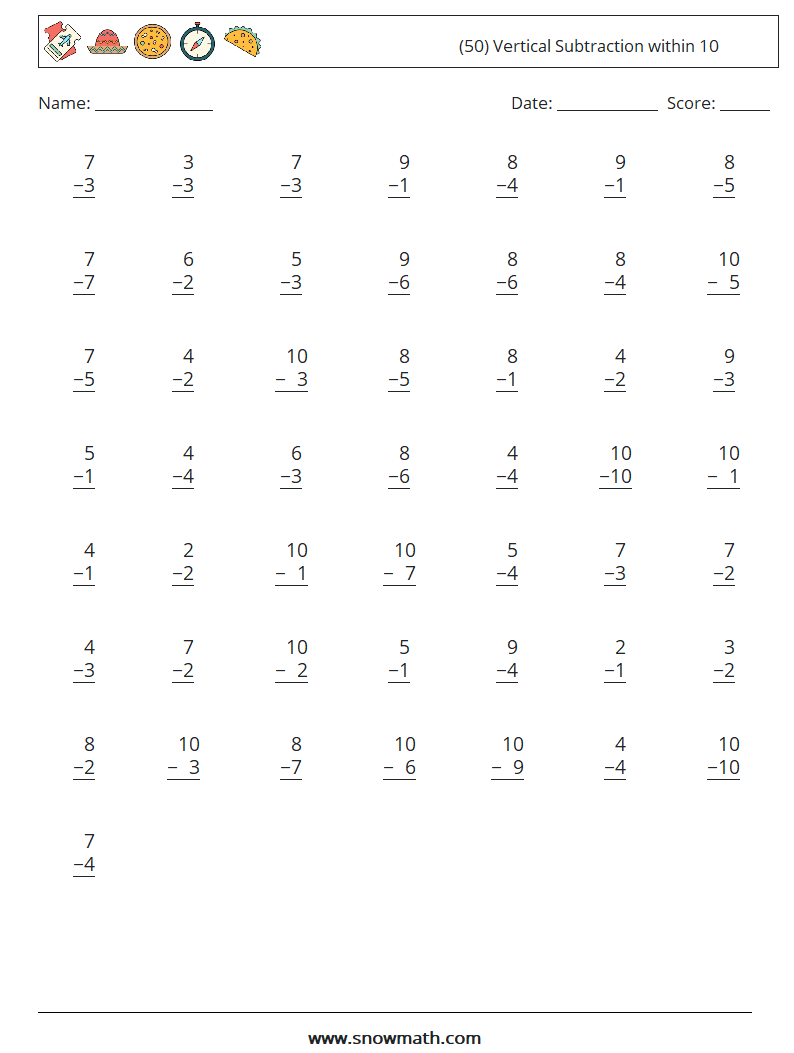 (50) Vertical Subtraction within 10 Math Worksheets 3