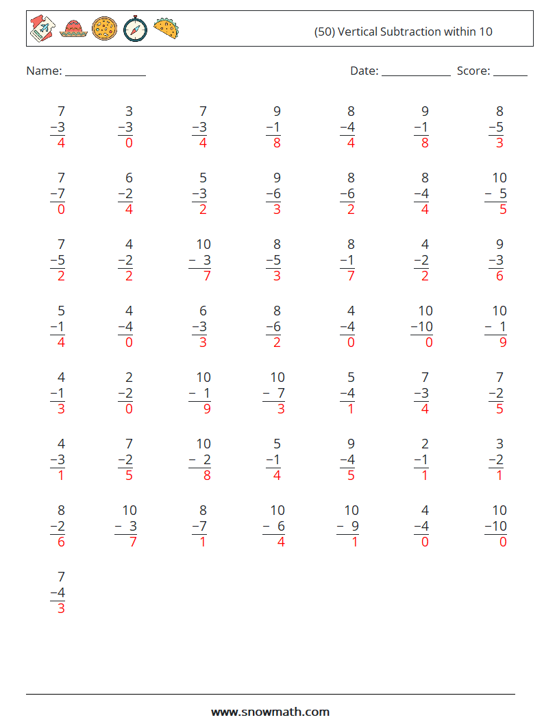 (50) Vertical Subtraction within 10 Math Worksheets 3 Question, Answer