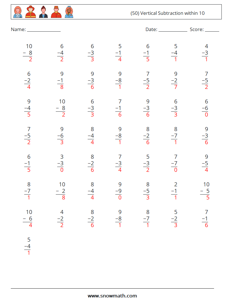 (50) Vertical Subtraction within 10 Math Worksheets 4 Question, Answer