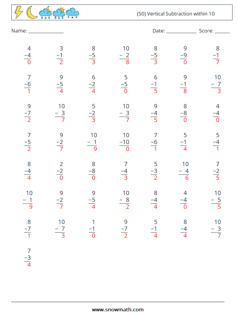(50) Vertical Subtraction within 10 Math Worksheets 5 Question, Answer