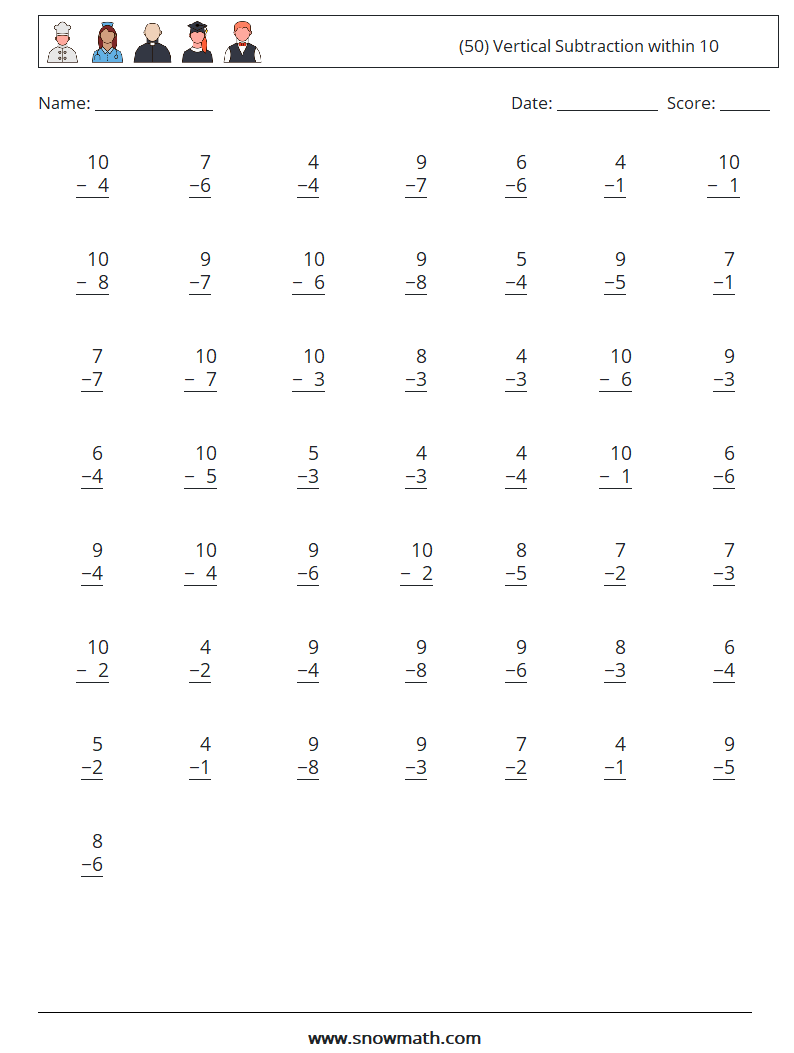 (50) Vertical Subtraction within 10 Math Worksheets 7