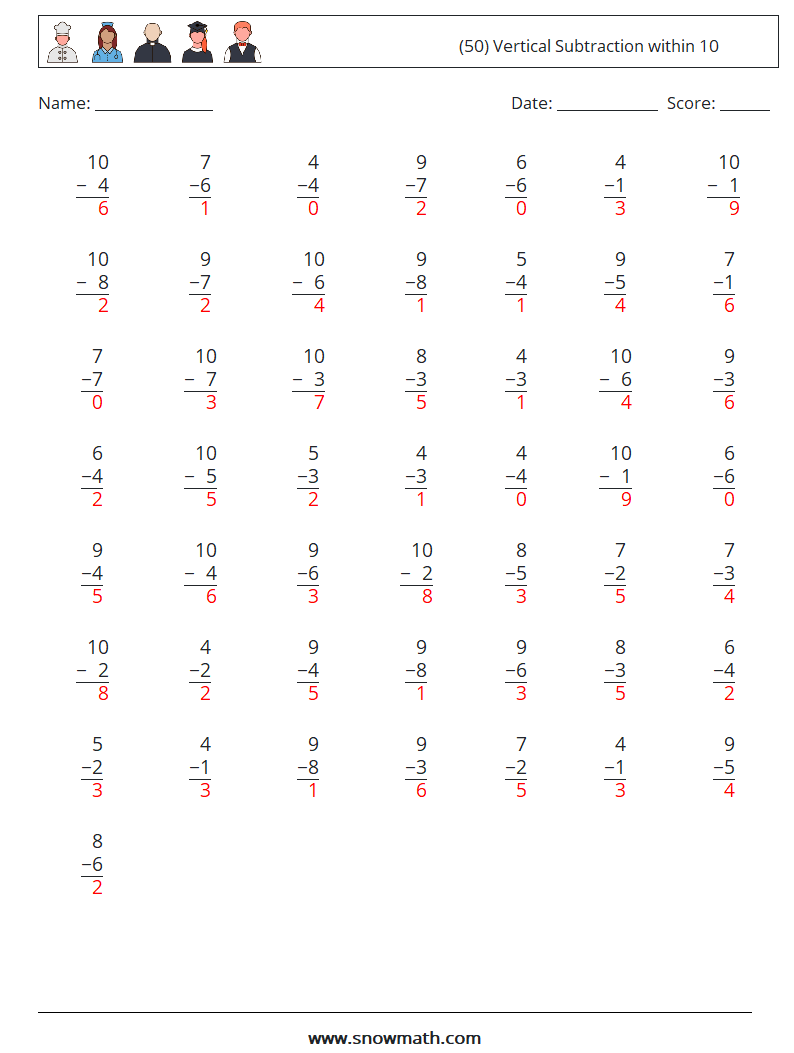 (50) Vertical Subtraction within 10 Math Worksheets 7 Question, Answer