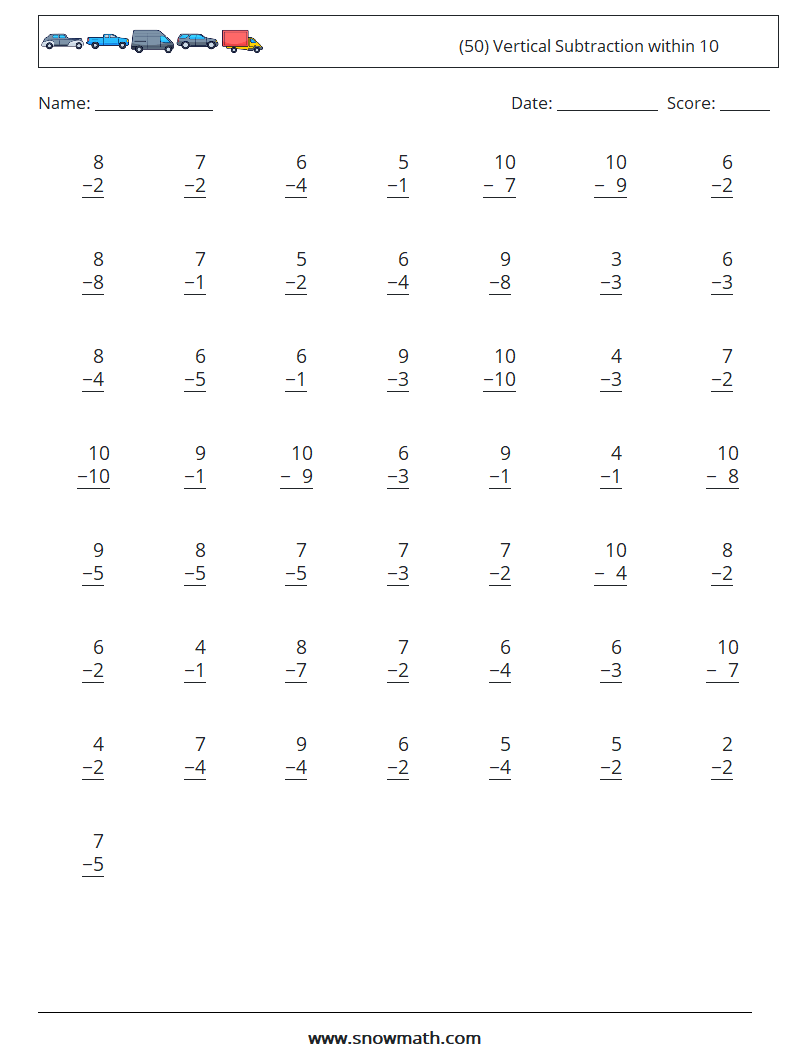 (50) Vertical Subtraction within 10 Math Worksheets 8