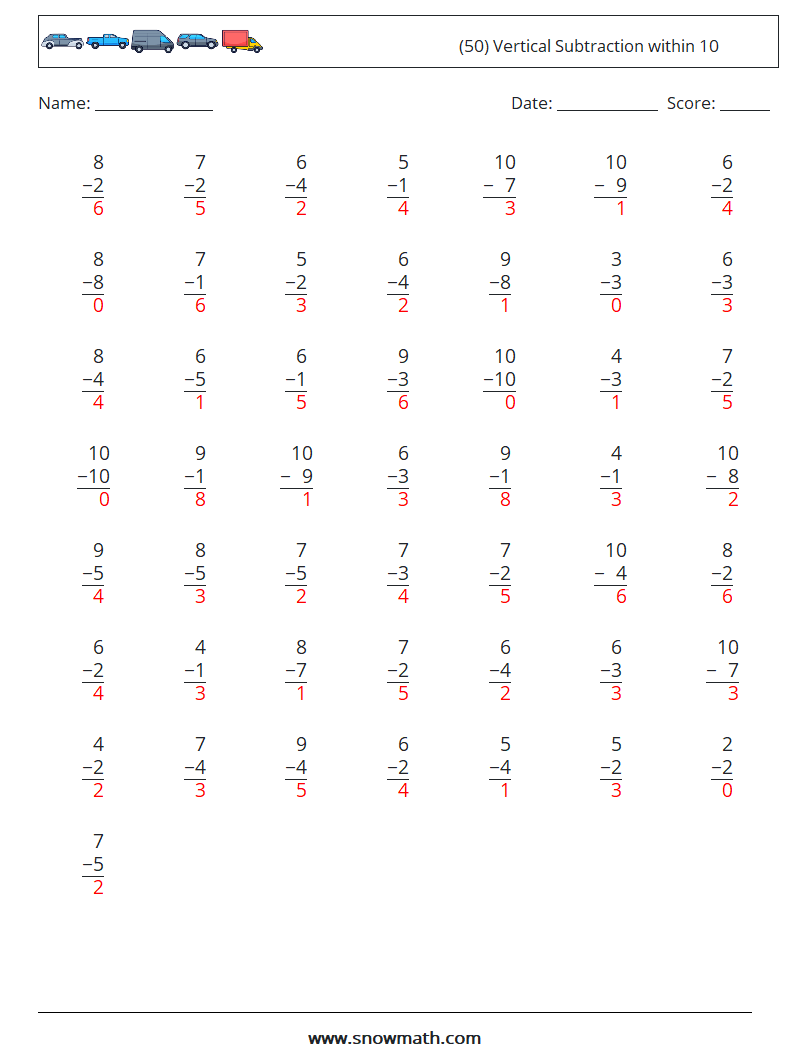 (50) Vertical Subtraction within 10 Math Worksheets 8 Question, Answer