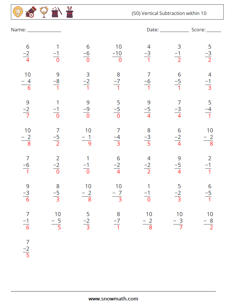 (50) Vertical Subtraction within 10 Math Worksheets 9 Question, Answer