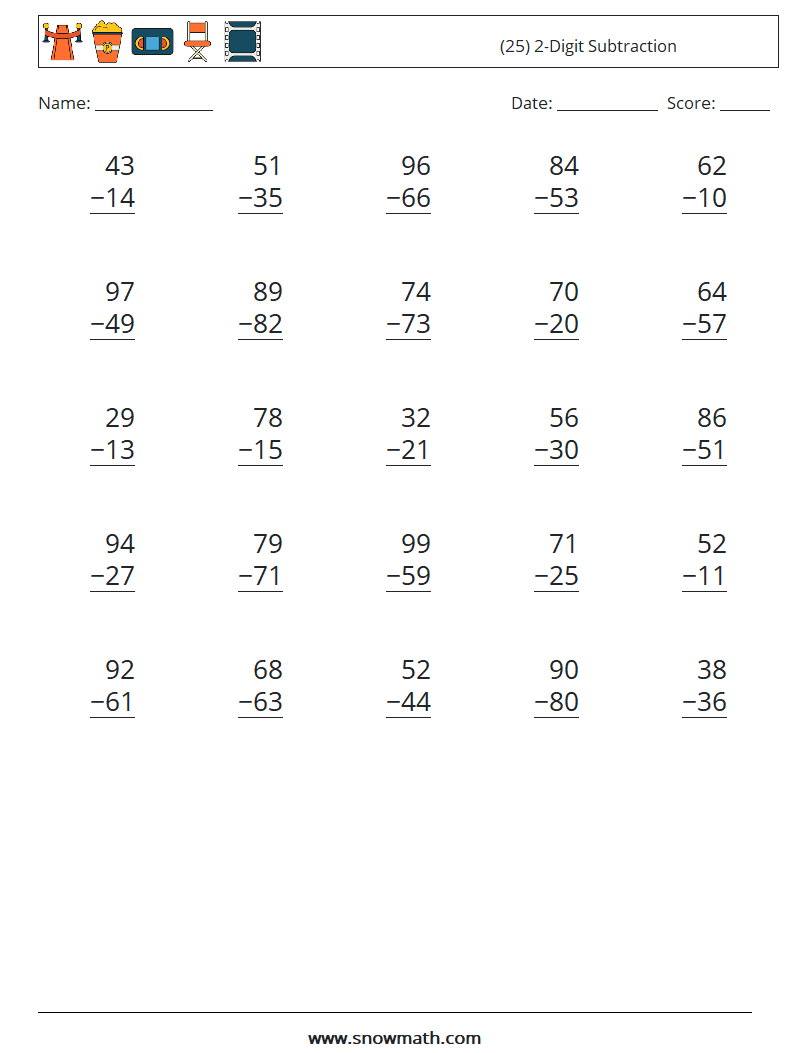 (25) 2-Digit Subtraction Math Worksheets 10