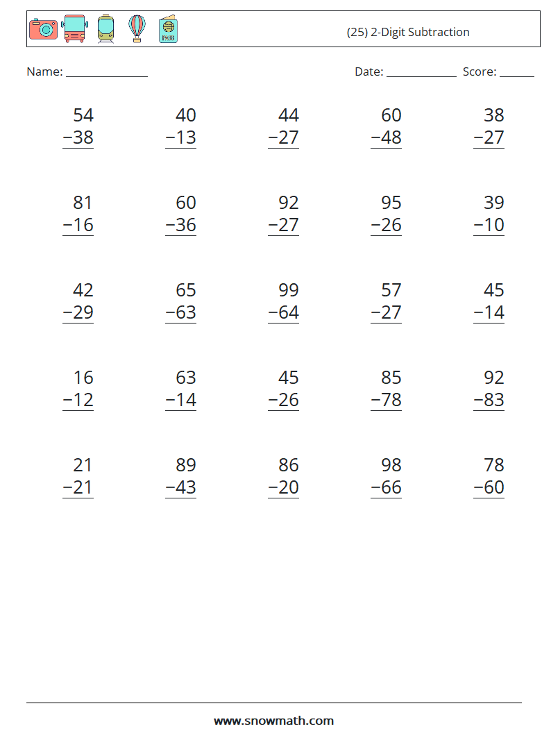 (25) 2-Digit Subtraction Math Worksheets 11