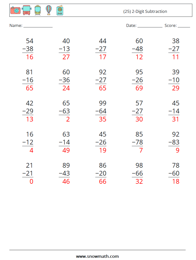 (25) 2-Digit Subtraction Math Worksheets 11 Question, Answer