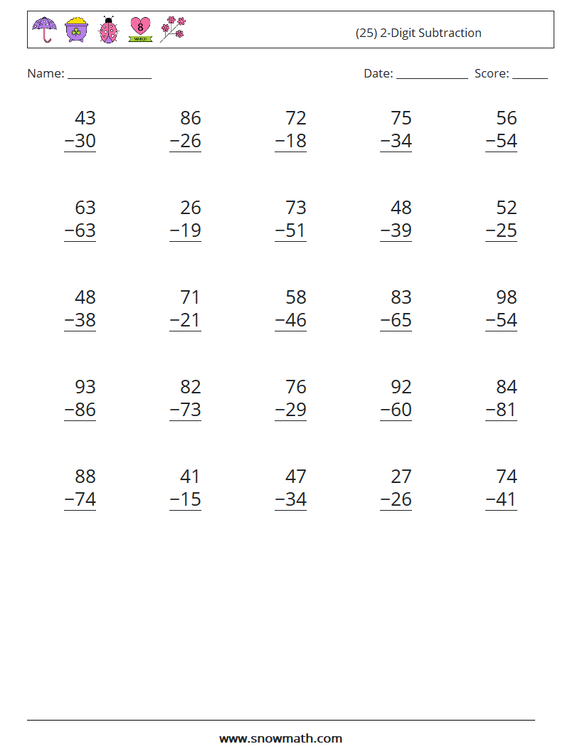 (25) 2-Digit Subtraction Math Worksheets 12