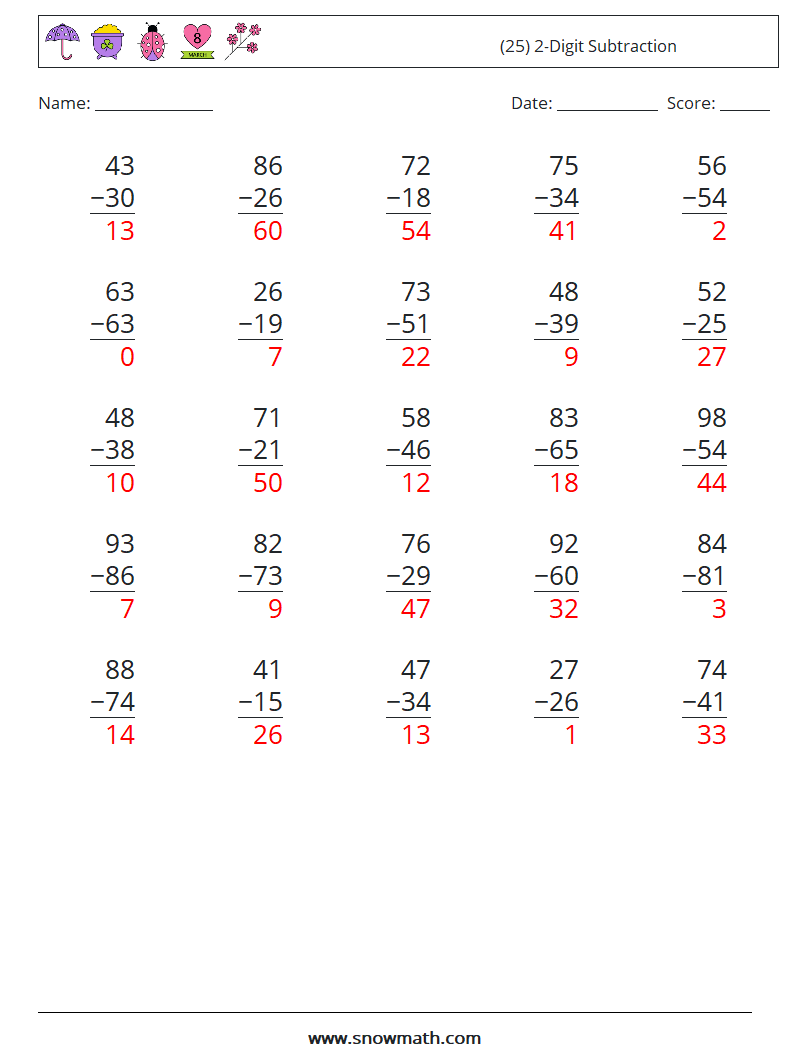 (25) 2-Digit Subtraction Math Worksheets 12 Question, Answer