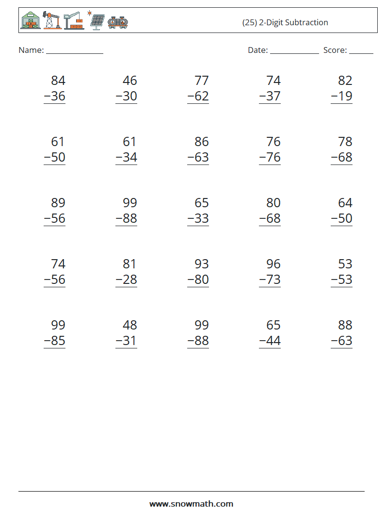 (25) 2-Digit Subtraction Math Worksheets 13