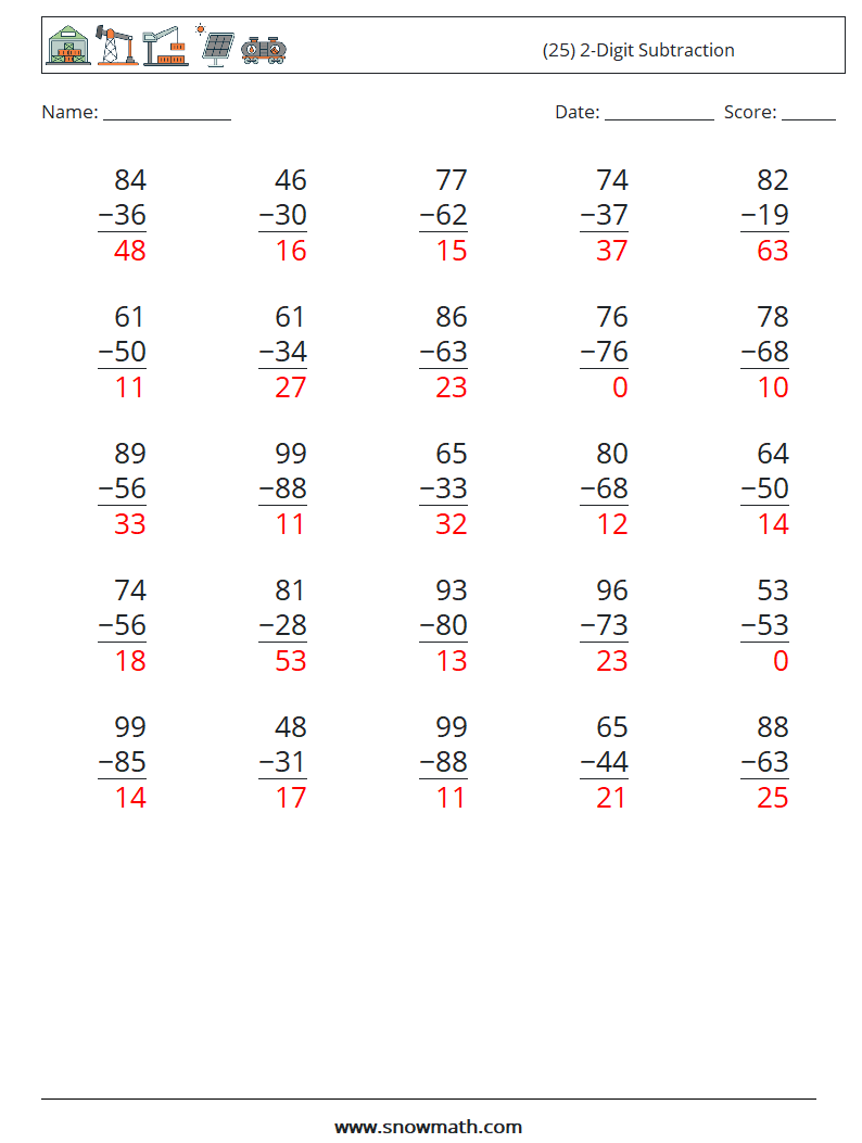 (25) 2-Digit Subtraction Math Worksheets 13 Question, Answer