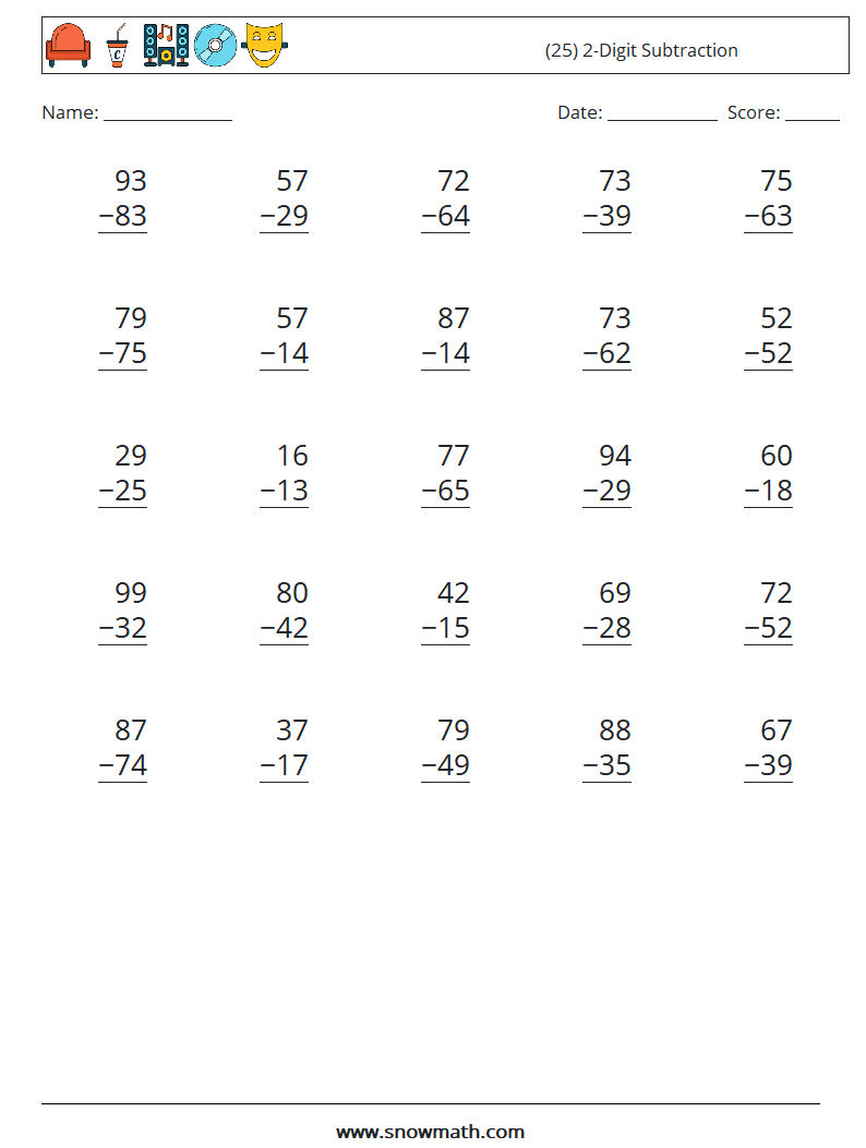 (25) 2-Digit Subtraction Math Worksheets 14