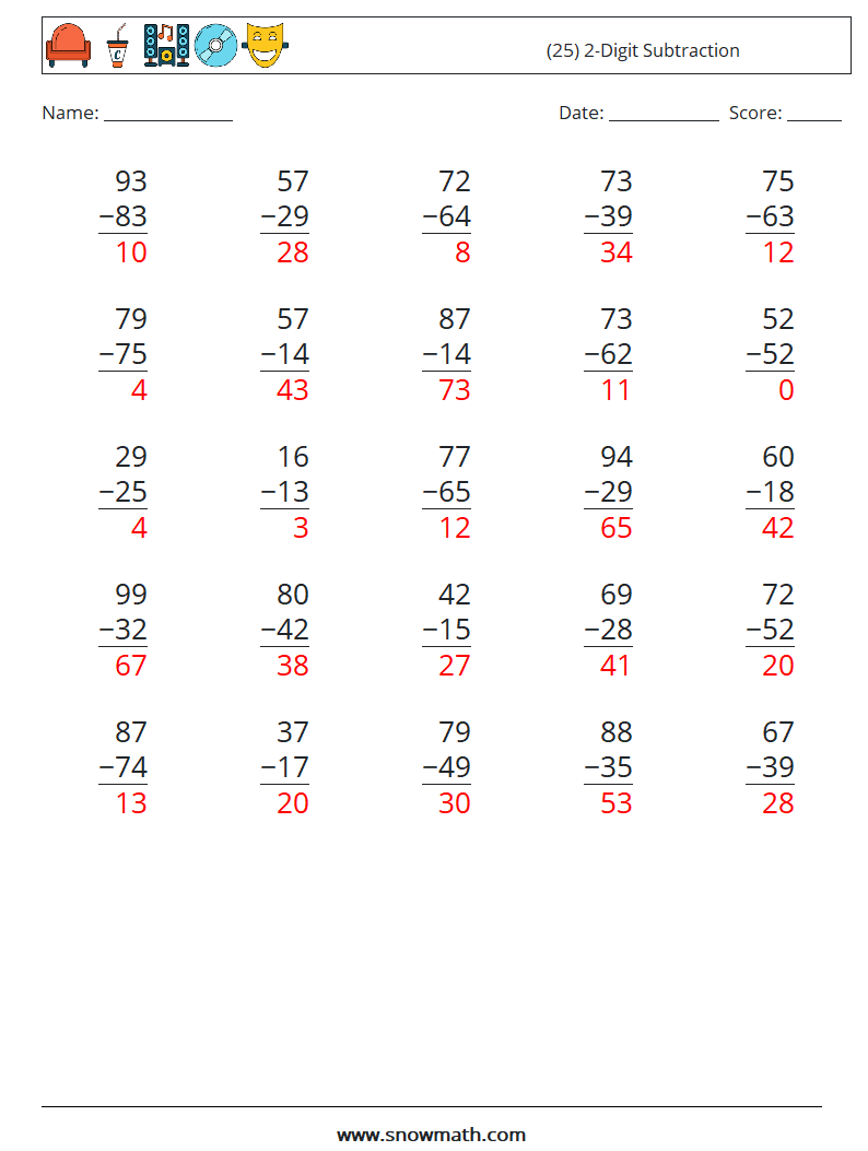 (25) 2-Digit Subtraction Math Worksheets 14 Question, Answer