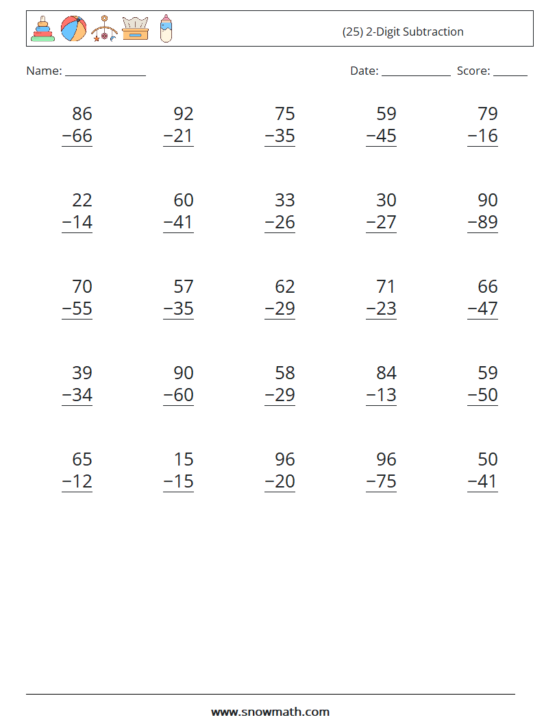 (25) 2-Digit Subtraction Math Worksheets 15