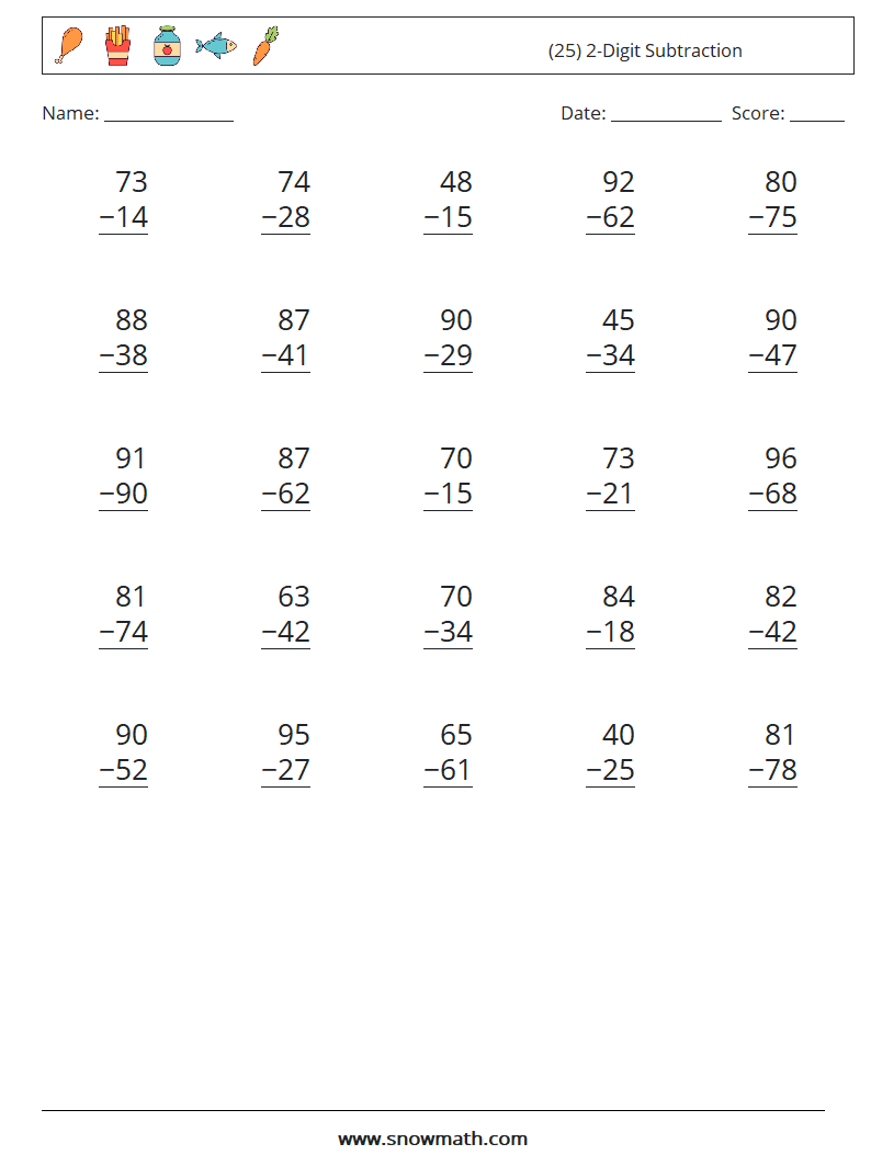 (25) 2-Digit Subtraction Math Worksheets 16