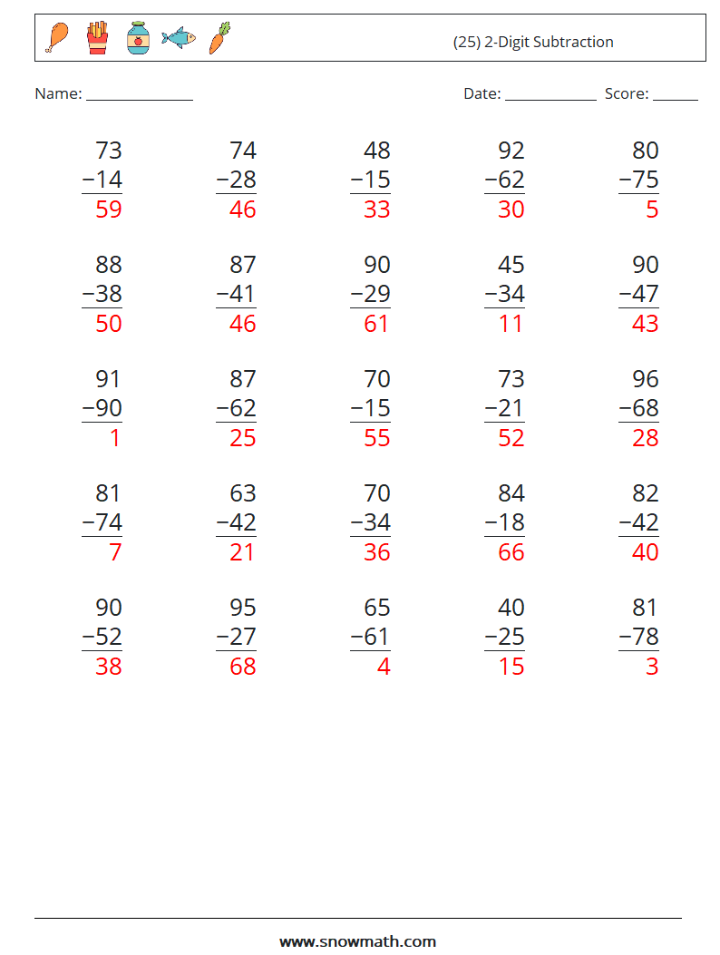 (25) 2-Digit Subtraction Math Worksheets 16 Question, Answer