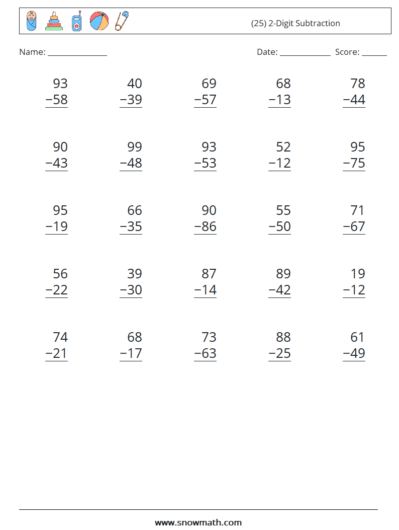 (25) 2-Digit Subtraction Math Worksheets 17