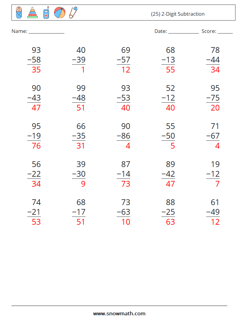 (25) 2-Digit Subtraction Math Worksheets 17 Question, Answer