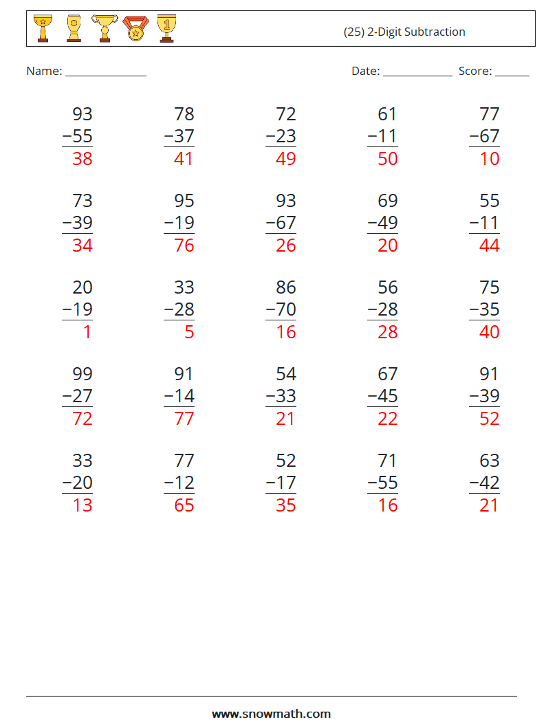 (25) 2-Digit Subtraction Math Worksheets 18 Question, Answer