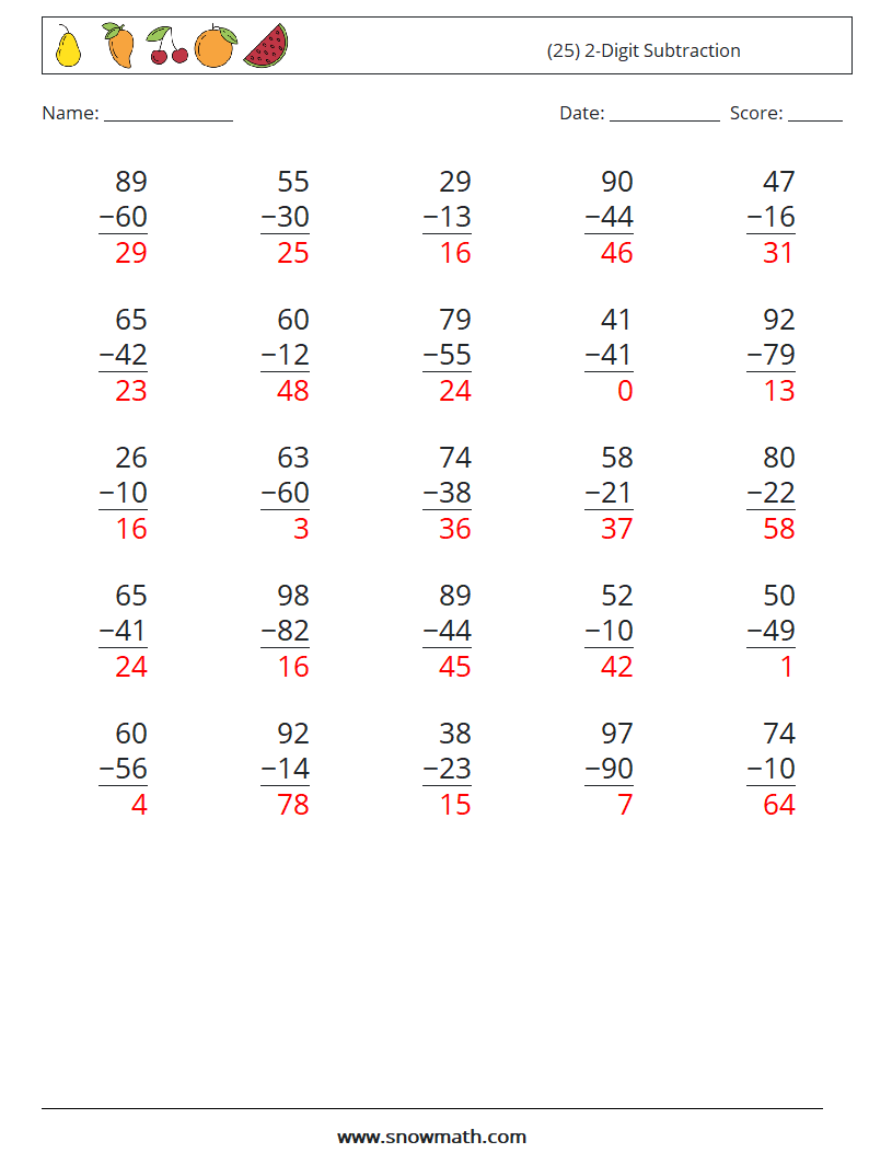 (25) 2-Digit Subtraction Math Worksheets 1 Question, Answer