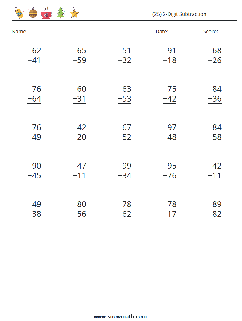 (25) 2-Digit Subtraction Math Worksheets 2