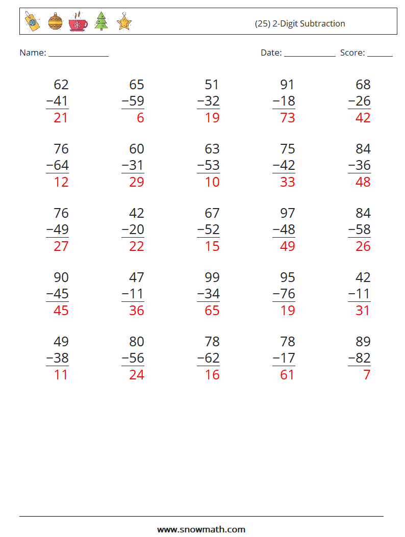 (25) 2-Digit Subtraction Math Worksheets 2 Question, Answer