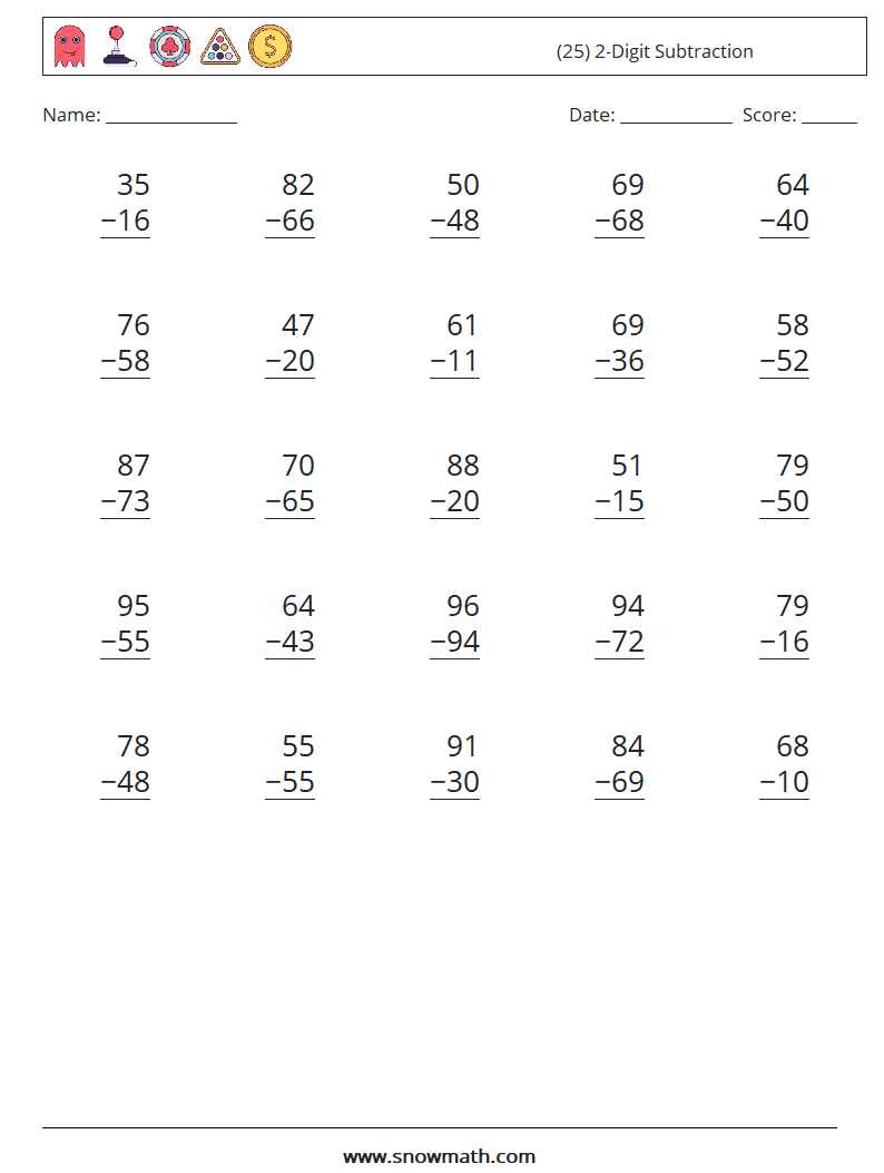 (25) 2-Digit Subtraction Math Worksheets 3