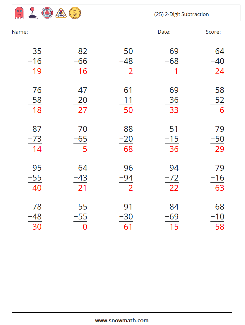 (25) 2-Digit Subtraction Math Worksheets 3 Question, Answer