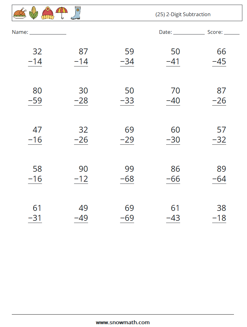 (25) 2-Digit Subtraction Math Worksheets 4