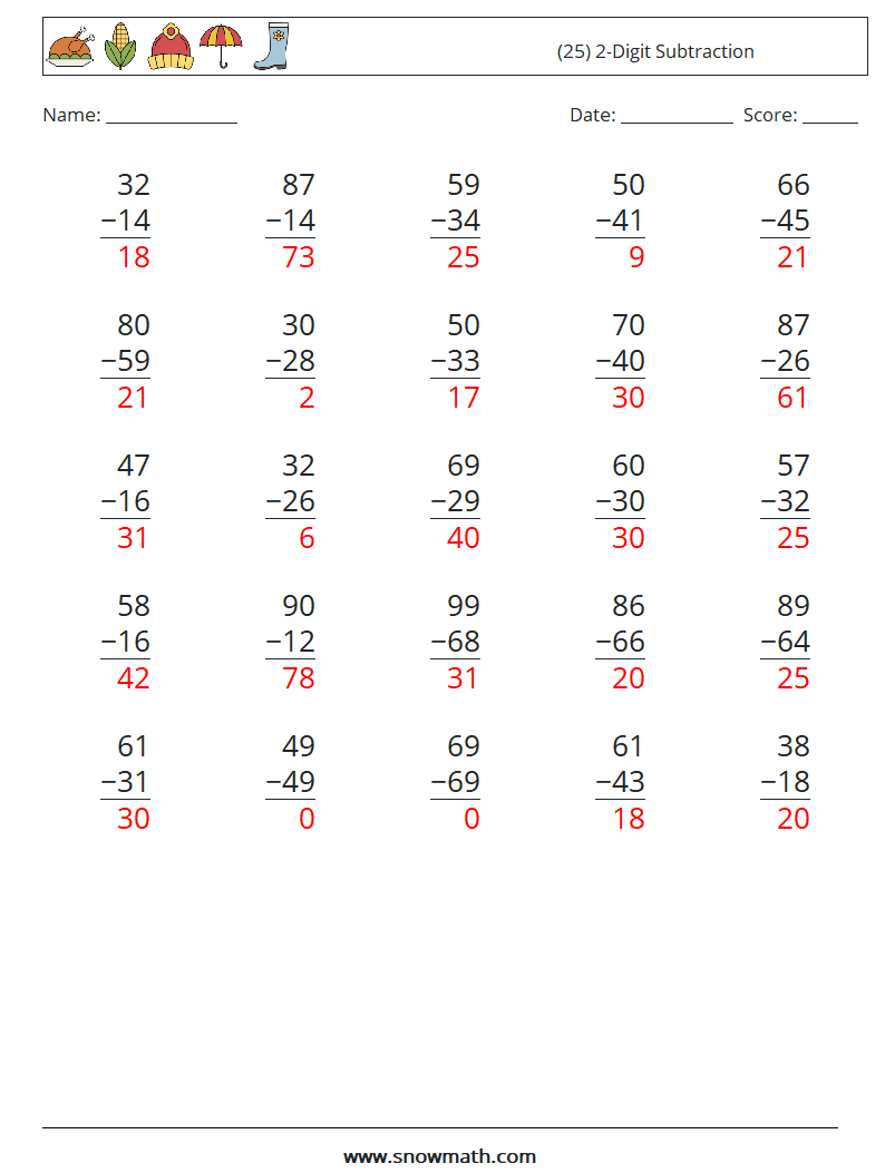 (25) 2-Digit Subtraction Math Worksheets 4 Question, Answer