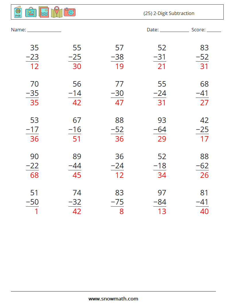 (25) 2-Digit Subtraction Math Worksheets 5 Question, Answer