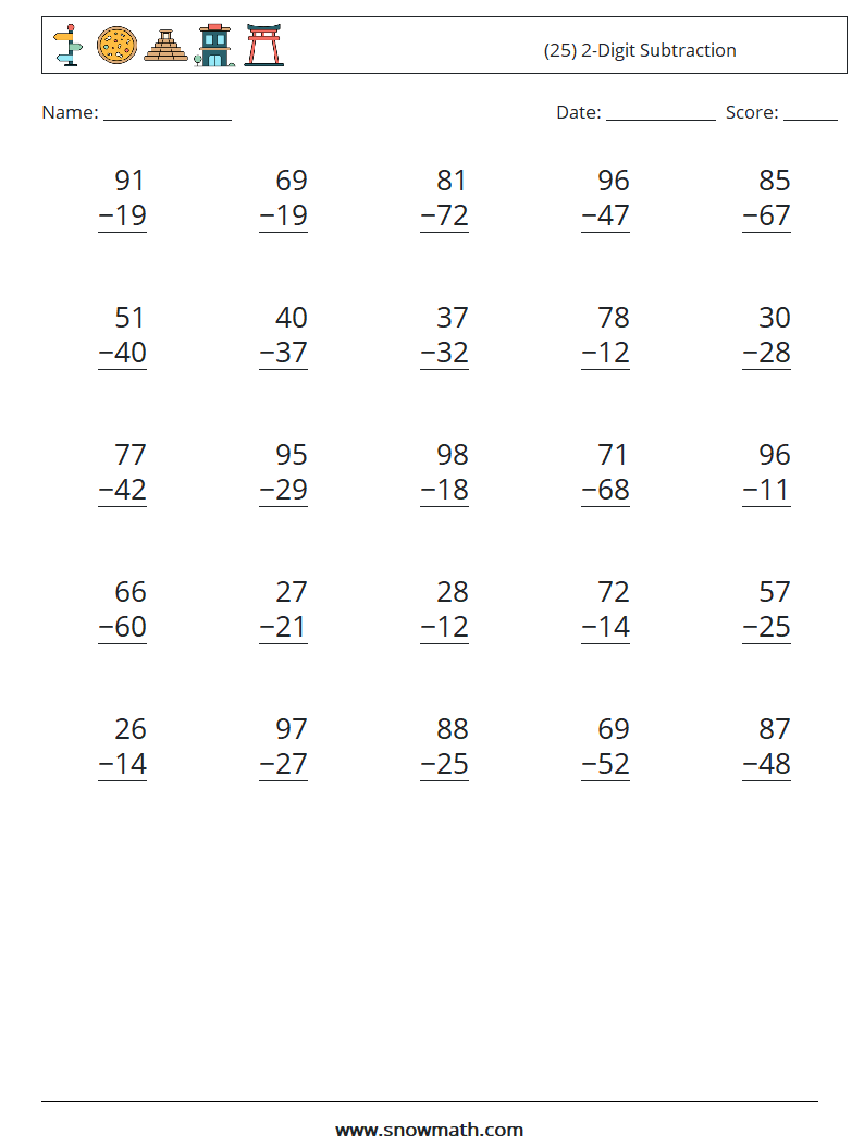 (25) 2-Digit Subtraction Math Worksheets 6