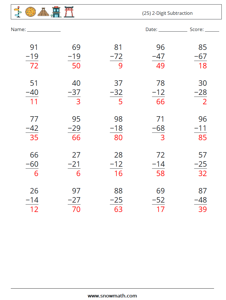 (25) 2-Digit Subtraction Math Worksheets 6 Question, Answer