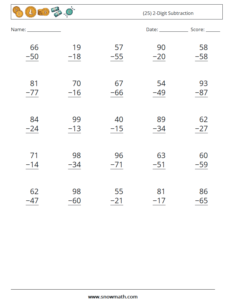 (25) 2-Digit Subtraction Math Worksheets 7