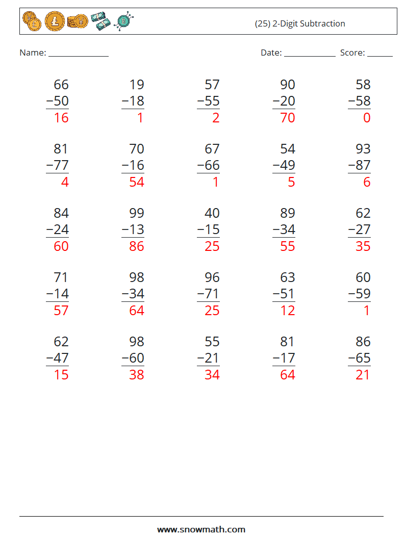 (25) 2-Digit Subtraction Math Worksheets 7 Question, Answer