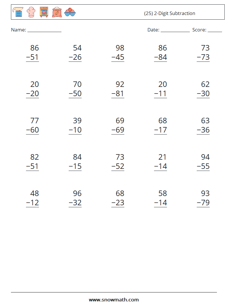 (25) 2-Digit Subtraction Math Worksheets 8
