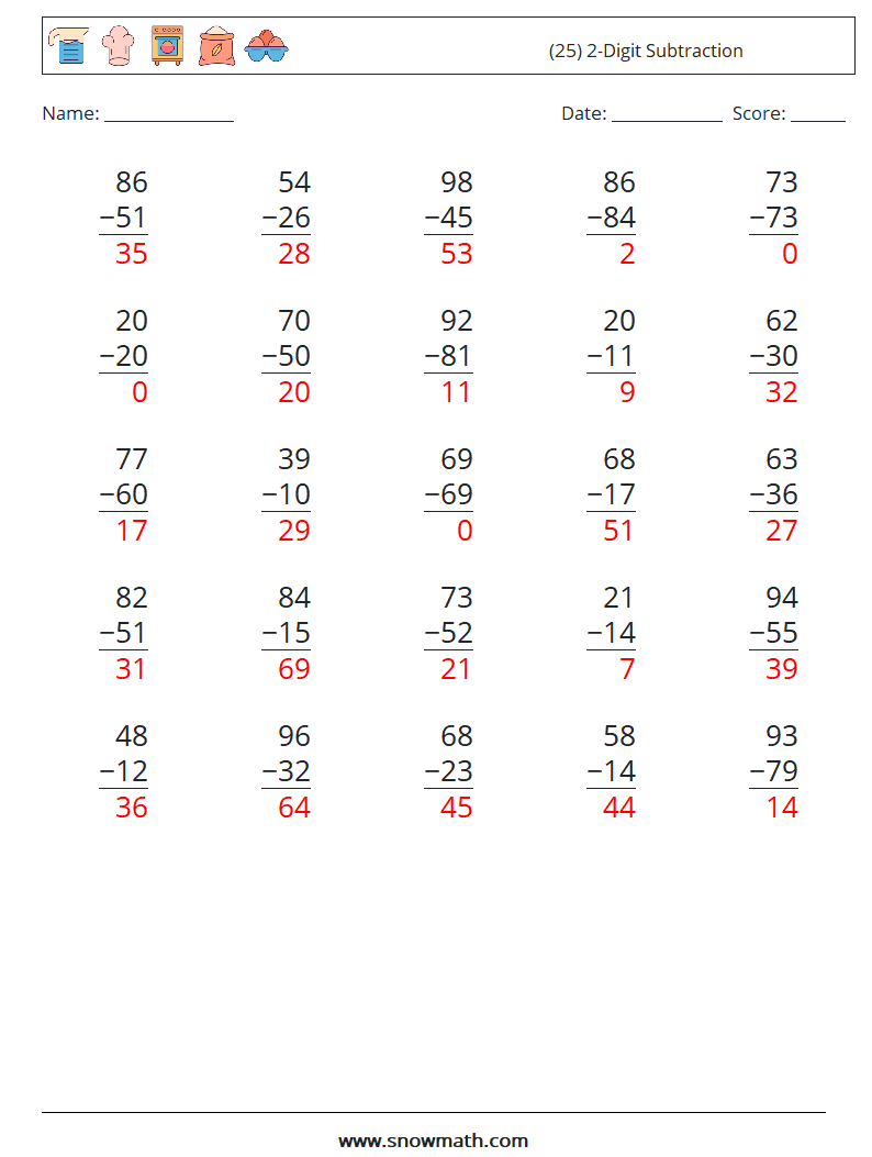 (25) 2-Digit Subtraction Math Worksheets 8 Question, Answer