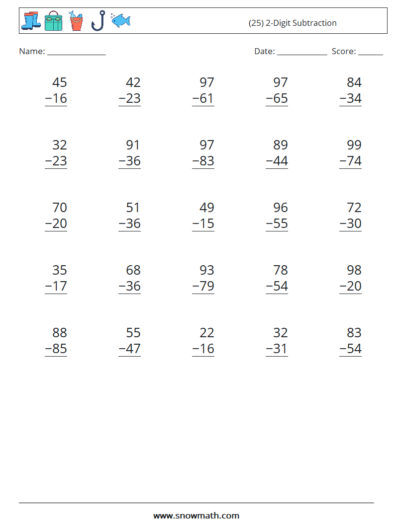 (25) 2-Digit Subtraction Math Worksheets 9