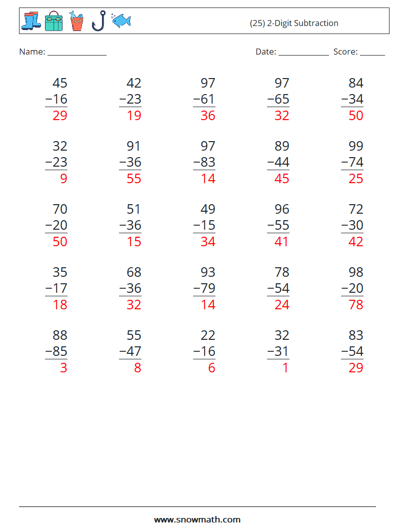 (25) 2-Digit Subtraction Math Worksheets 9 Question, Answer