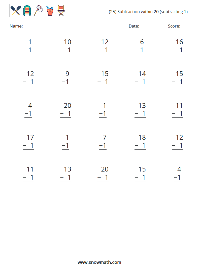 (25) Subtraction within 20 (subtracting 1) Math Worksheets 1