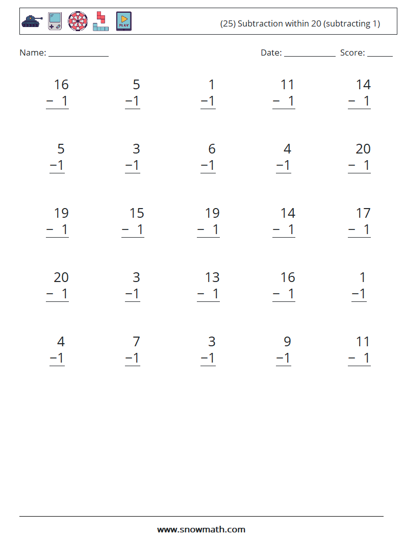 (25) Subtraction within 20 (subtracting 1) Math Worksheets 10