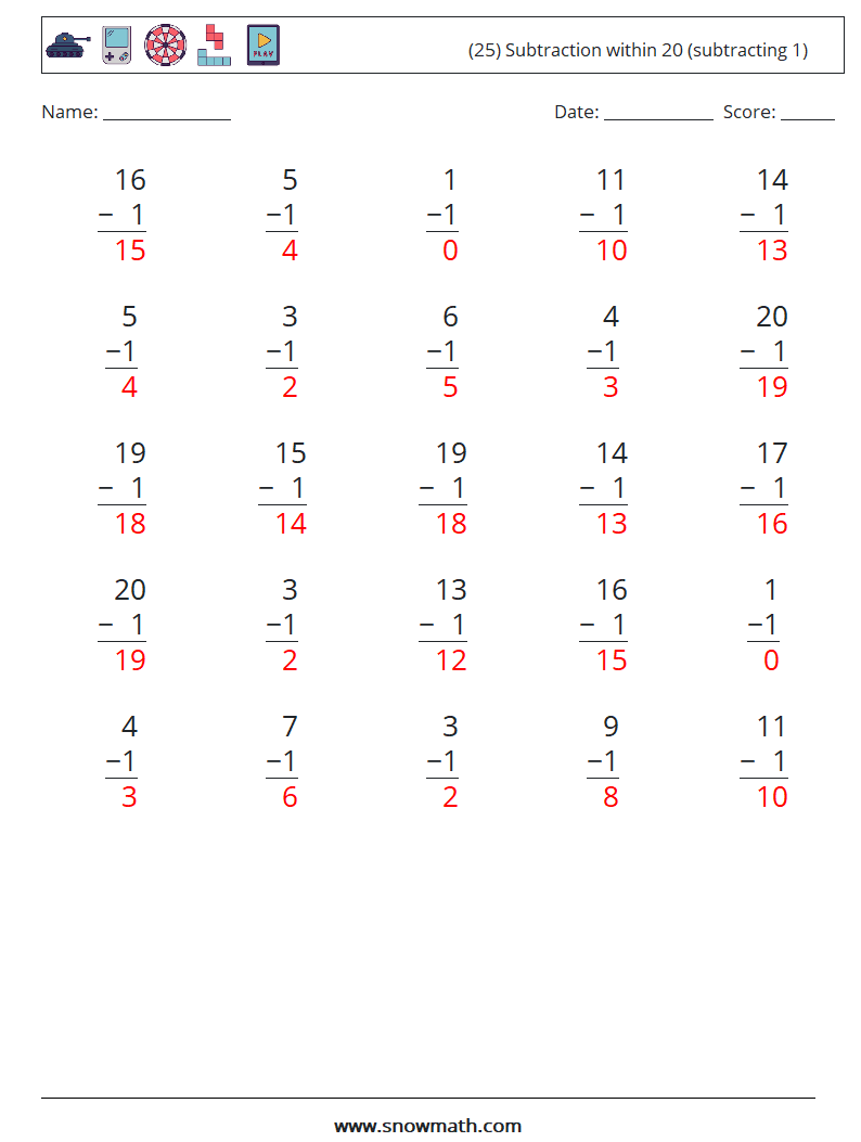 (25) Subtraction within 20 (subtracting 1) Math Worksheets 10 Question, Answer